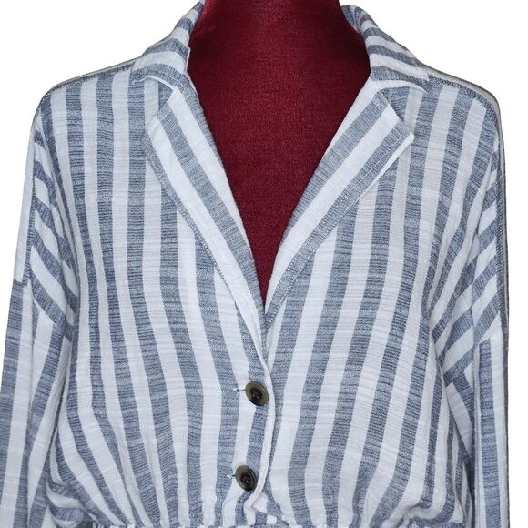 Forever 21 Cropped Jacket Blue White Striped Button Front Elastic Hem Women's L - Picture 2 of 9